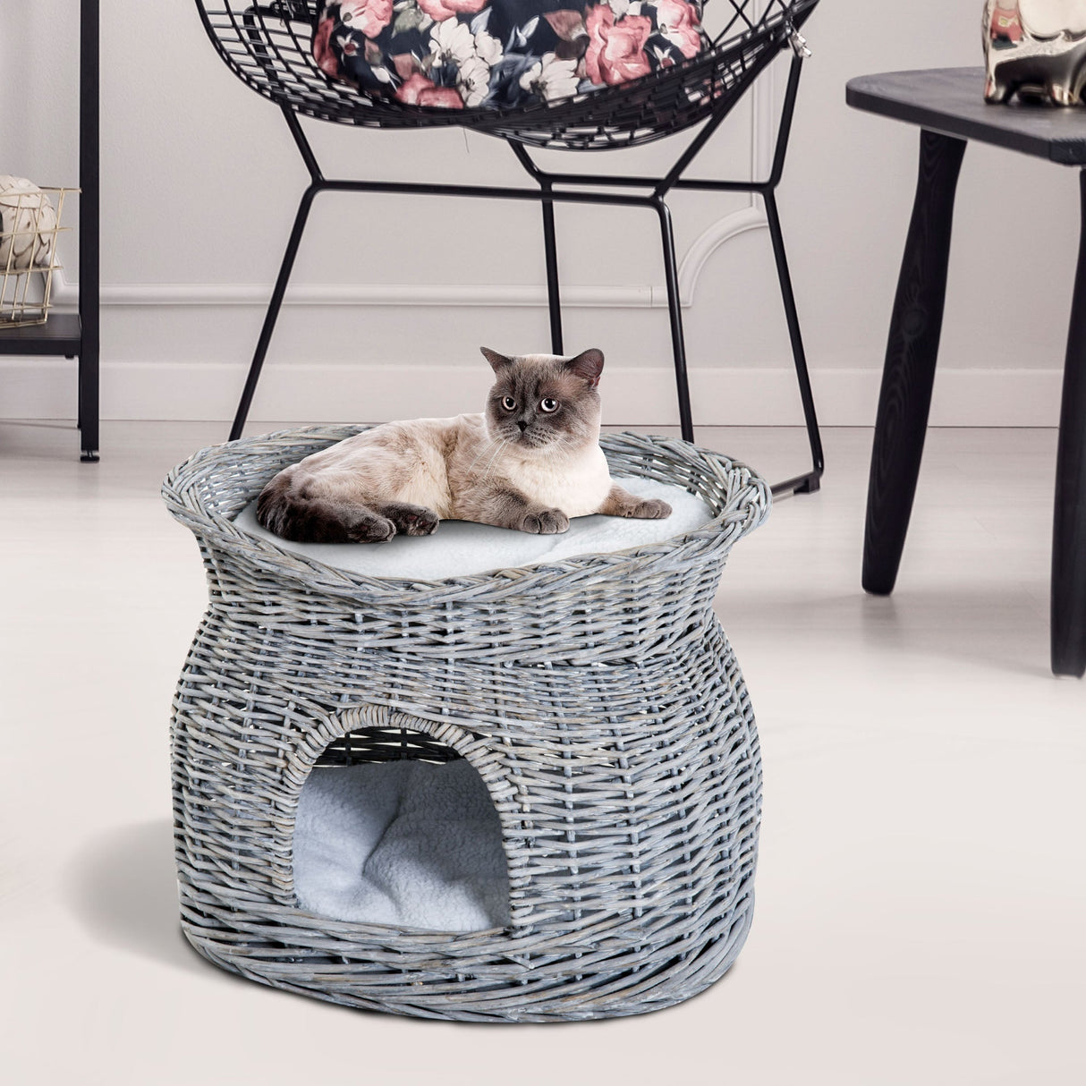2-Tier Elevated Cat Bed Basket With Cushions - Grey, PawHut,