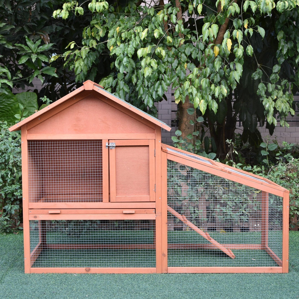 2 Tier Rabbit Cage, Solid Wood Bunny House, Water Resistant Asphalt Roof Ramp Sliding tray 144 x 64.5 x 100 cm Red/Brown, PawHut,