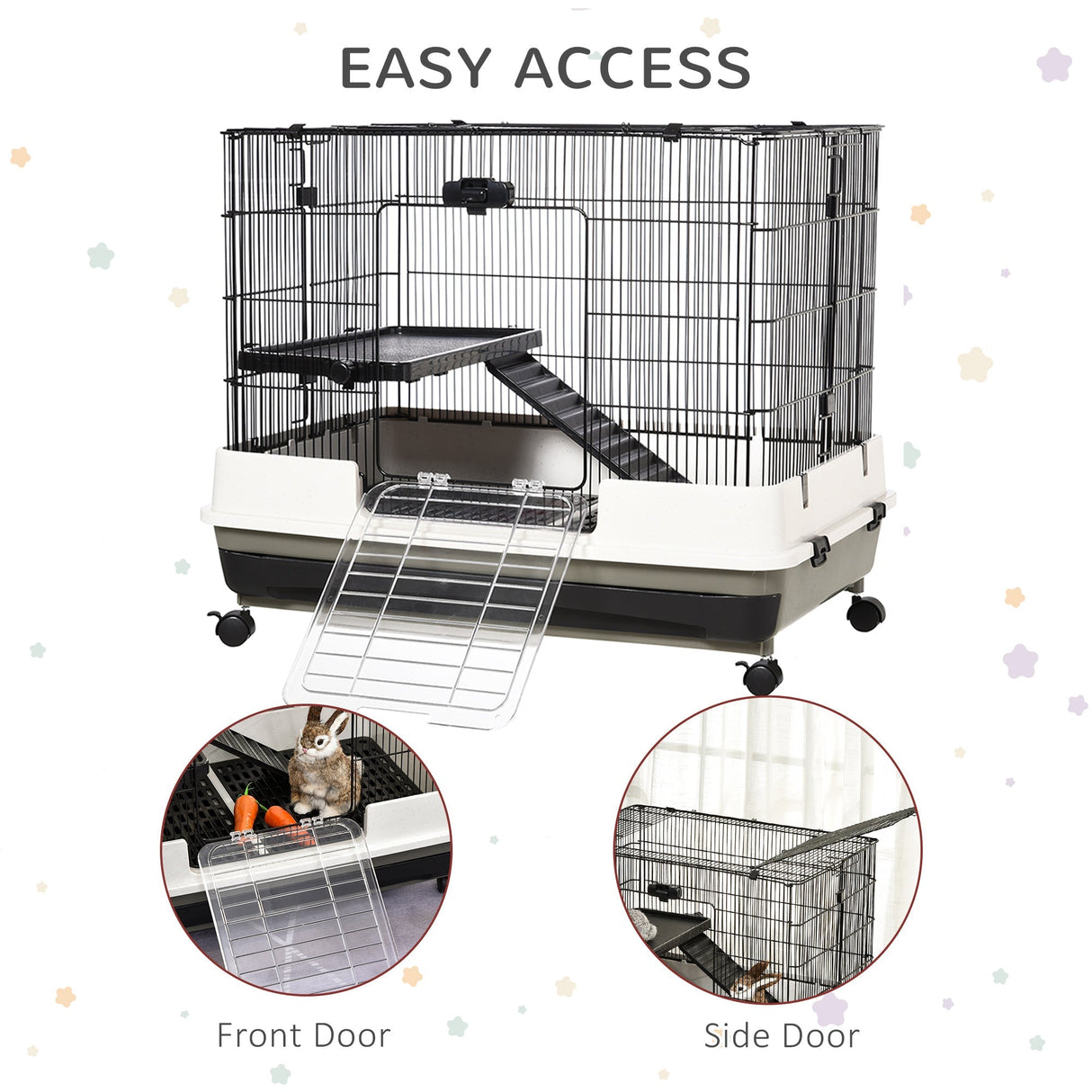 2 Tier Rolling Small Animal Rabbit Cage Chinchillas Hutch Pet Play House with Platform Ramp Removable Tray 80 x 52.7 x 66 cm, PawHut,