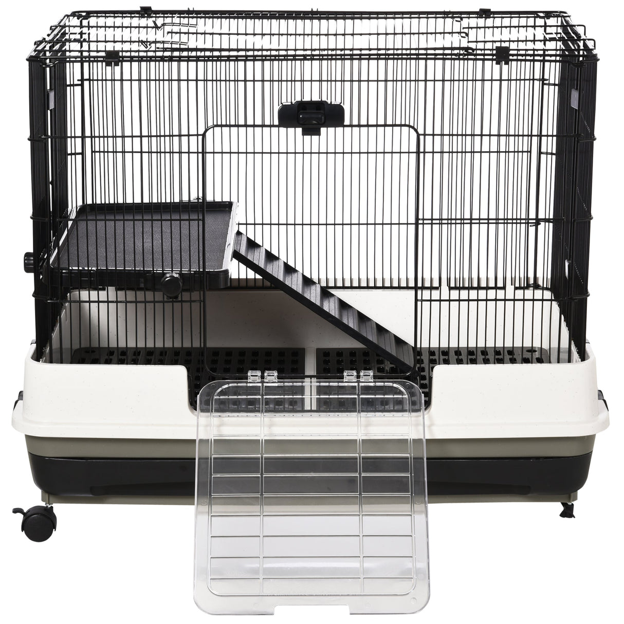 2 Tier Rolling Small Animal Rabbit Cage Chinchillas Hutch Pet Play House with Platform Ramp Removable Tray 80 x 52.7 x 66 cm, PawHut,