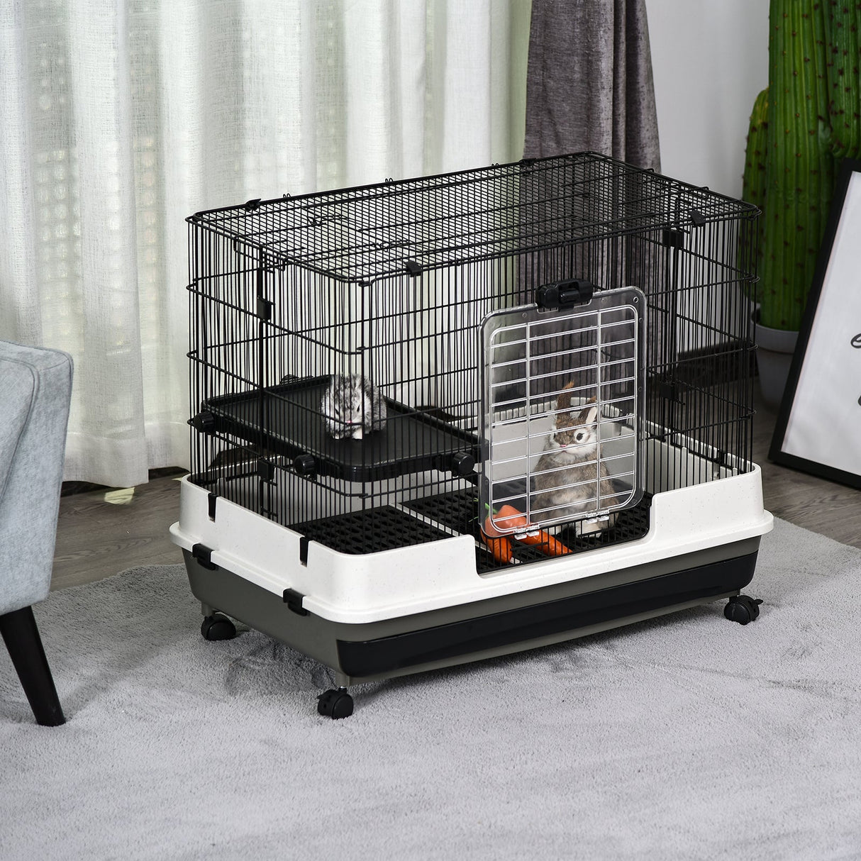 2 Tier Rolling Small Animal Rabbit Cage Chinchillas Hutch Pet Play House with Platform Ramp Removable Tray 80 x 52.7 x 66 cm, PawHut,