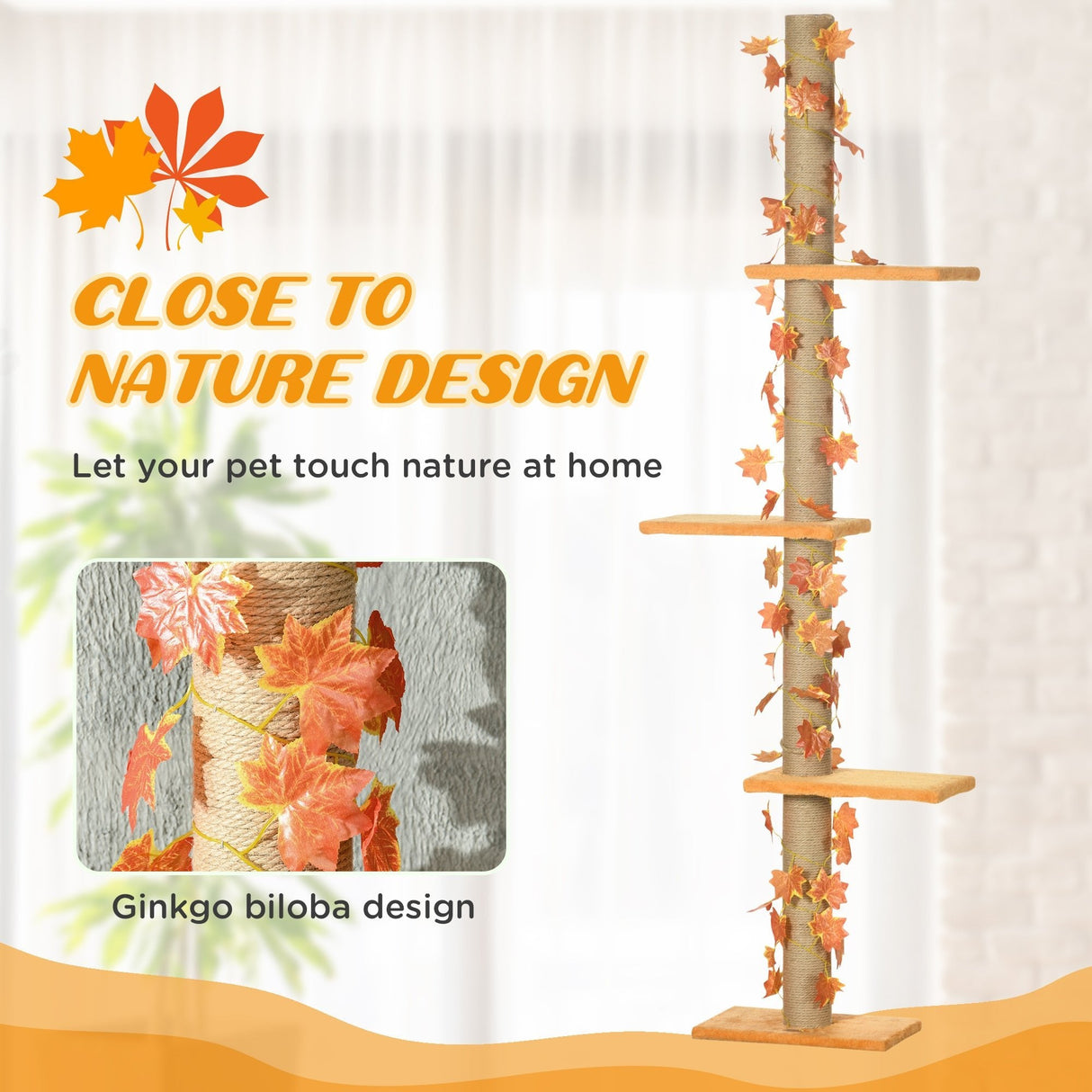 242cm Adjustable Floor-To-Ceiling Cat Tree, with Artificial Decoration, Perches, Anti-Slip Kit, PawHut, Orange