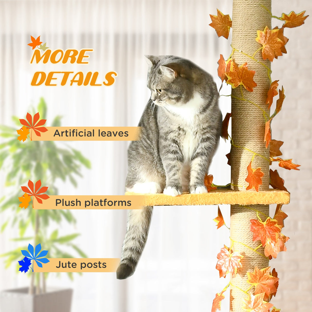 242cm Adjustable Floor-To-Ceiling Cat Tree, with Artificial Decoration, Perches, Anti-Slip Kit, PawHut, Orange