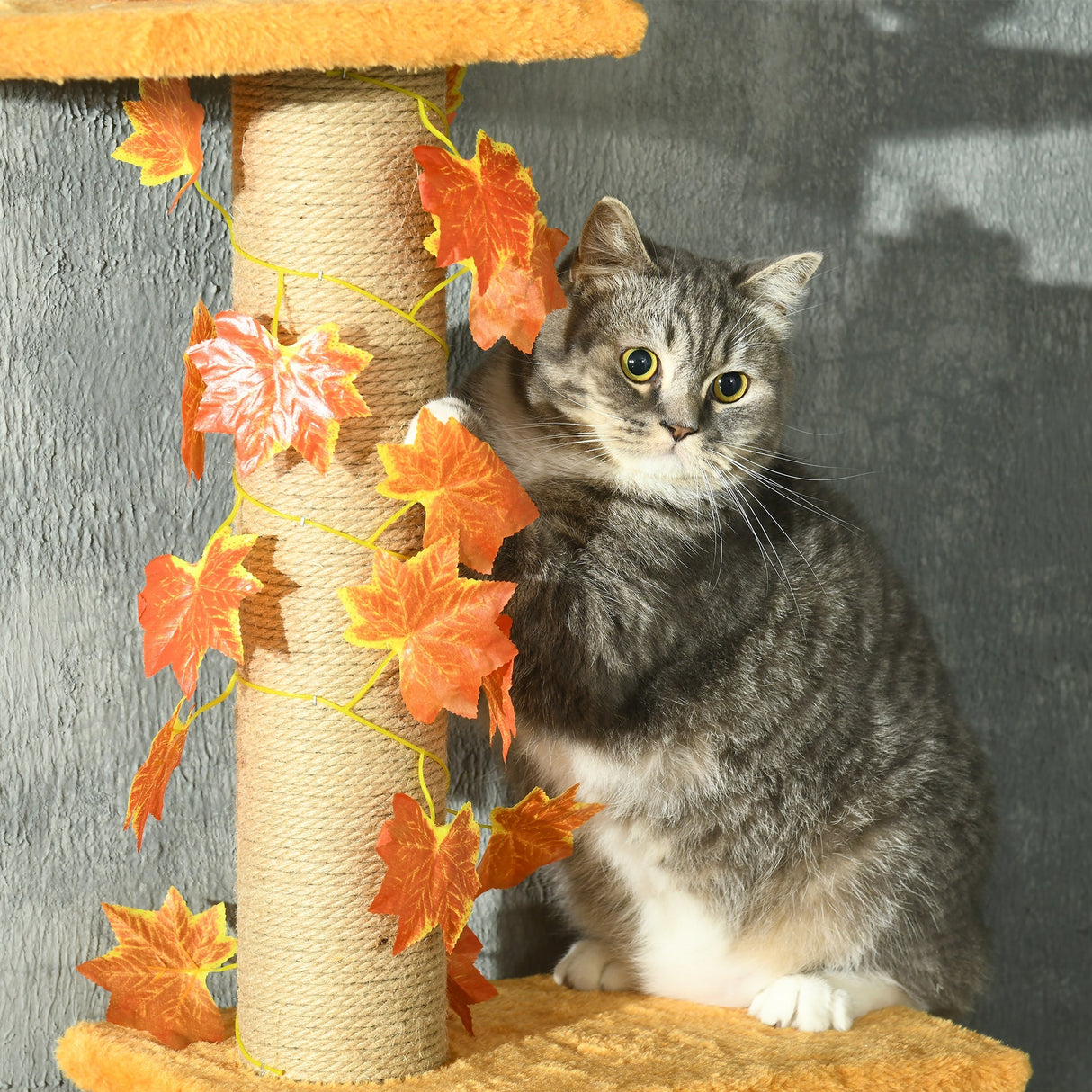 242cm Adjustable Floor-To-Ceiling Cat Tree, with Artificial Decoration, Perches, Anti-Slip Kit, PawHut, Orange