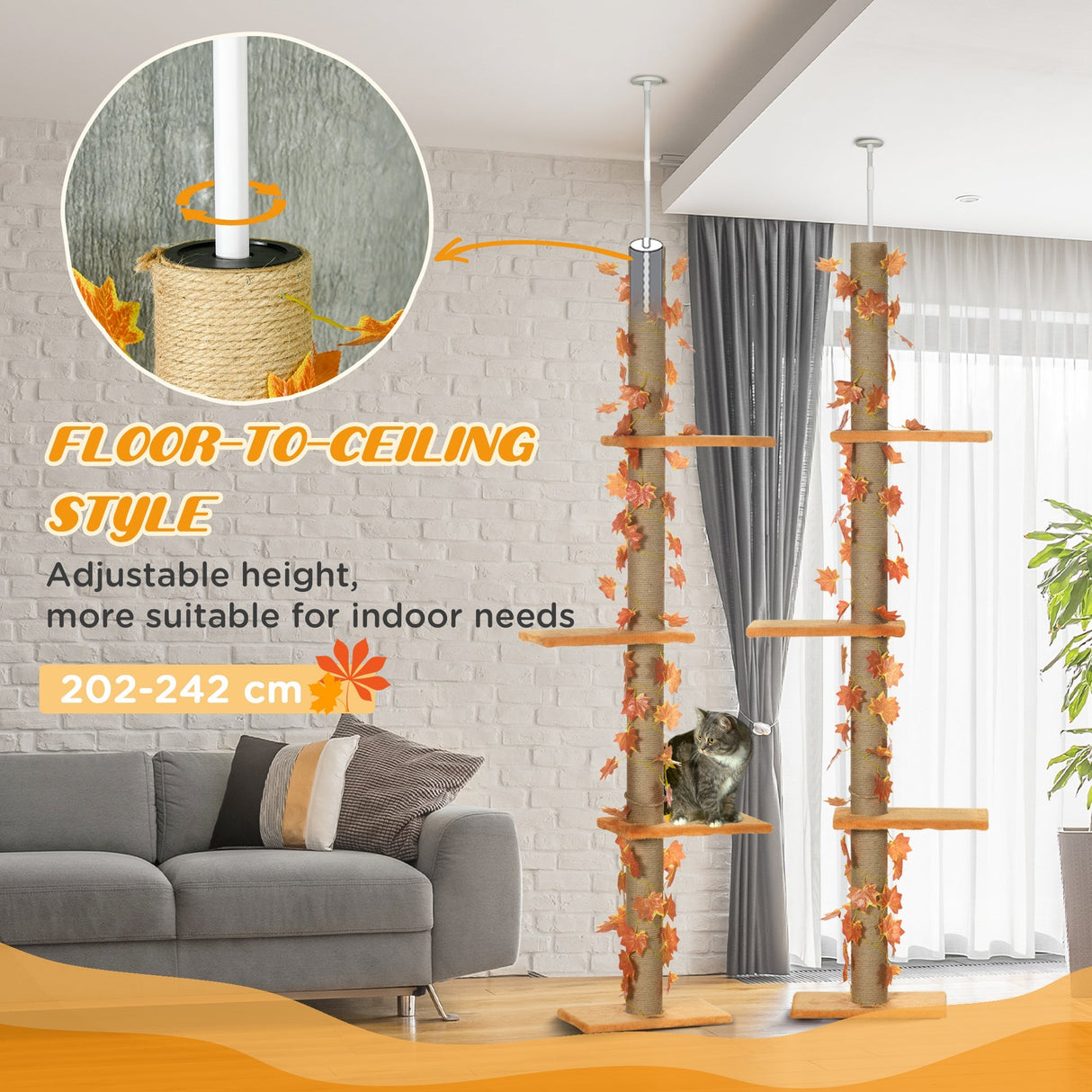 242cm Adjustable Floor-To-Ceiling Cat Tree, with Artificial Decoration, Perches, Anti-Slip Kit, PawHut, Orange
