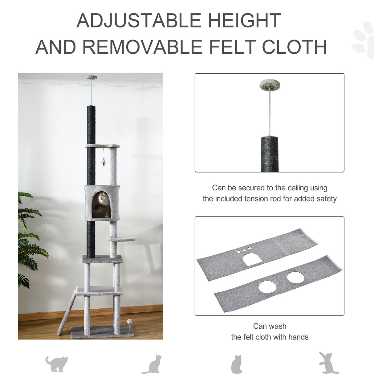 255cm Floor To Ceiling Cat Tree for Indoor Cats Climber Scratching Post Adjustable Height Play Tower Removable Cover Grey, PawHut,