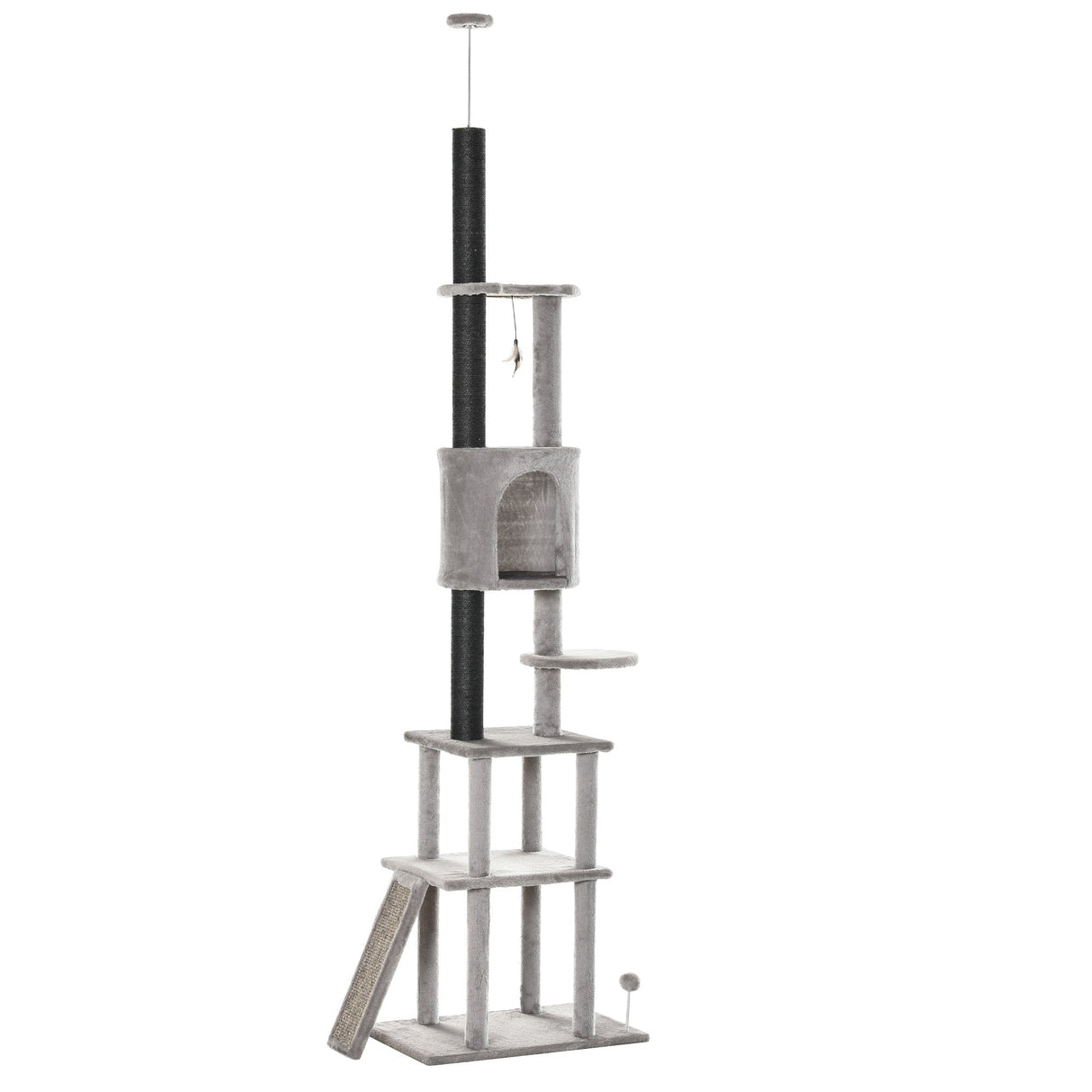 255cm Floor To Ceiling Cat Tree for Indoor Cats Climber Scratching Post Adjustable Height Play Tower Removable Cover Grey, PawHut,