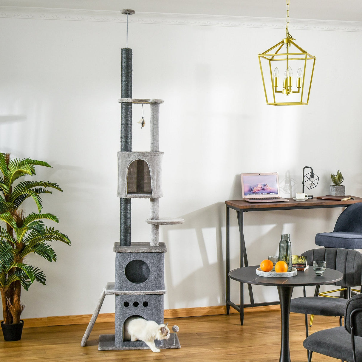 255cm Floor To Ceiling Cat Tree for Indoor Cats Climber Scratching Post Adjustable Height Play Tower Removable Cover Grey, PawHut,