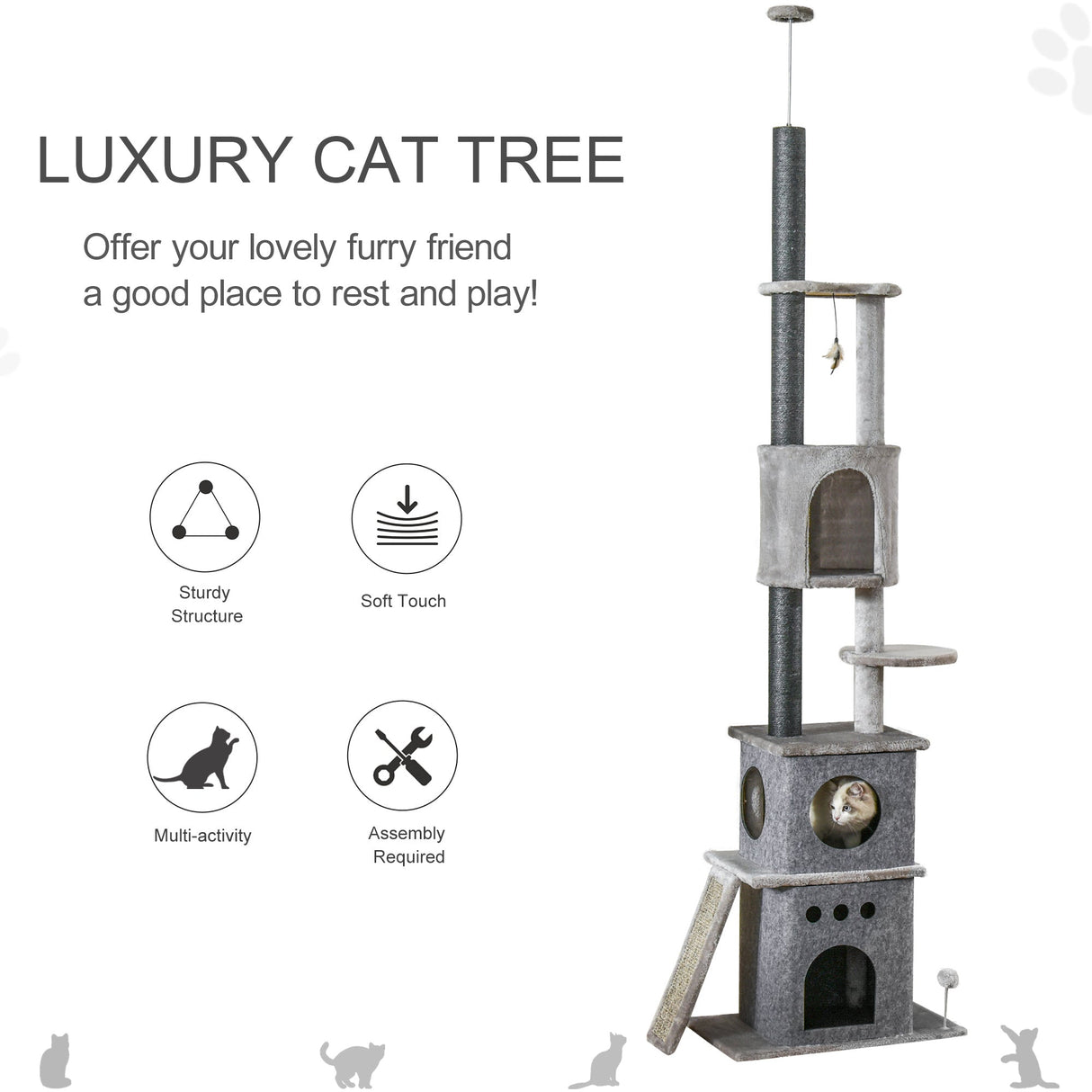 255cm Floor To Ceiling Cat Tree for Indoor Cats Climber Scratching Post Adjustable Height Play Tower Removable Cover Grey, PawHut,