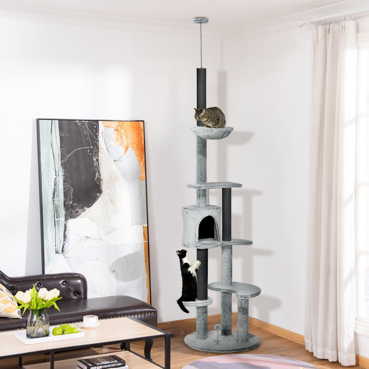 255cm Floor to Ceiling Cat Tree with Scratching Posts, Height Adjustable Cat Tower with Hammock, House, Anti-tipping Kit, Perches, Toys, Grey, PawHut,