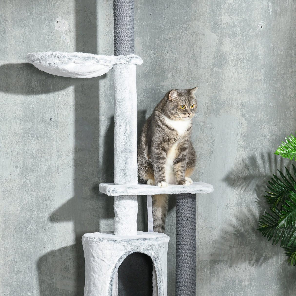 255cm Floor to Ceiling Cat Tree with Scratching Posts, Height Adjustable Cat Tower with Hammock, House, Anti-tipping Kit, Perches, Toys, Grey, PawHut,