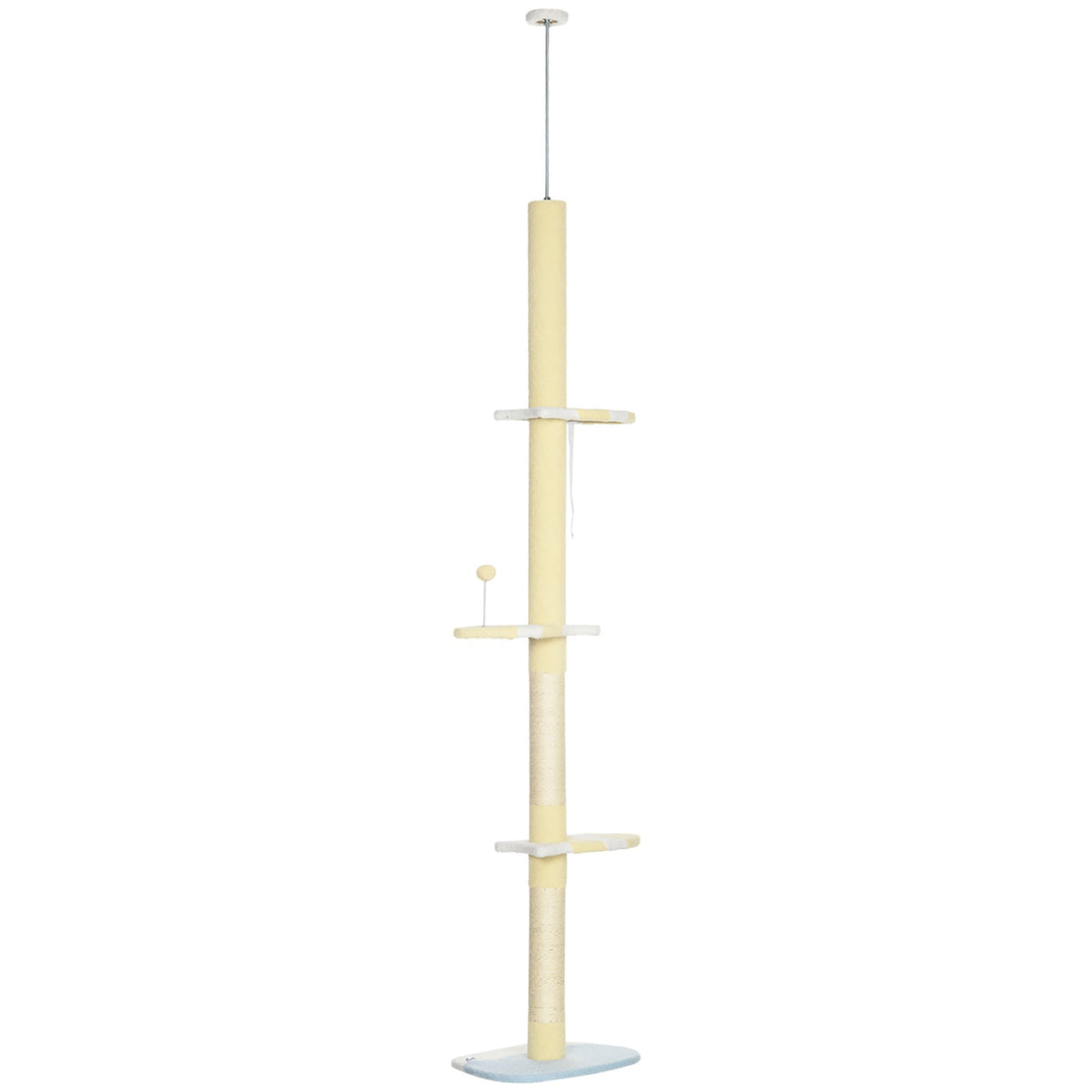 260cm Floor to Ceiling Cat Tree, Height Adjustable Kitten Tower with Anti-slip Kit, Multi-Layer Activity Center with Fish-shaped Perches Scratching Post Ball Toy, Yellow, PawHut,