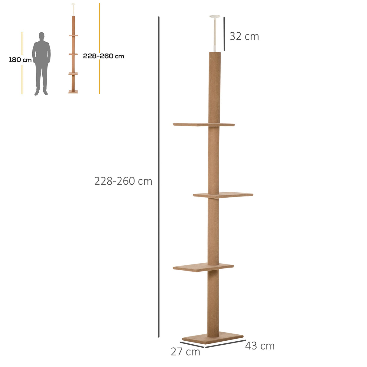 260cm Floor To Ceiling Cat Tree w/ 3 Perches Flannel Upholstery, PawHut, Brown