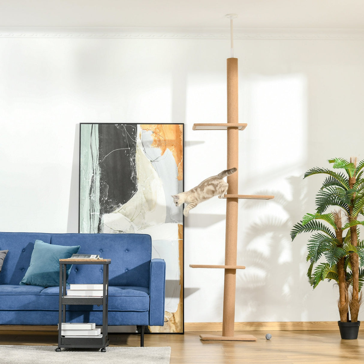 260cm Floor To Ceiling Cat Tree w/ 3 Perches Flannel Upholstery, PawHut, Brown