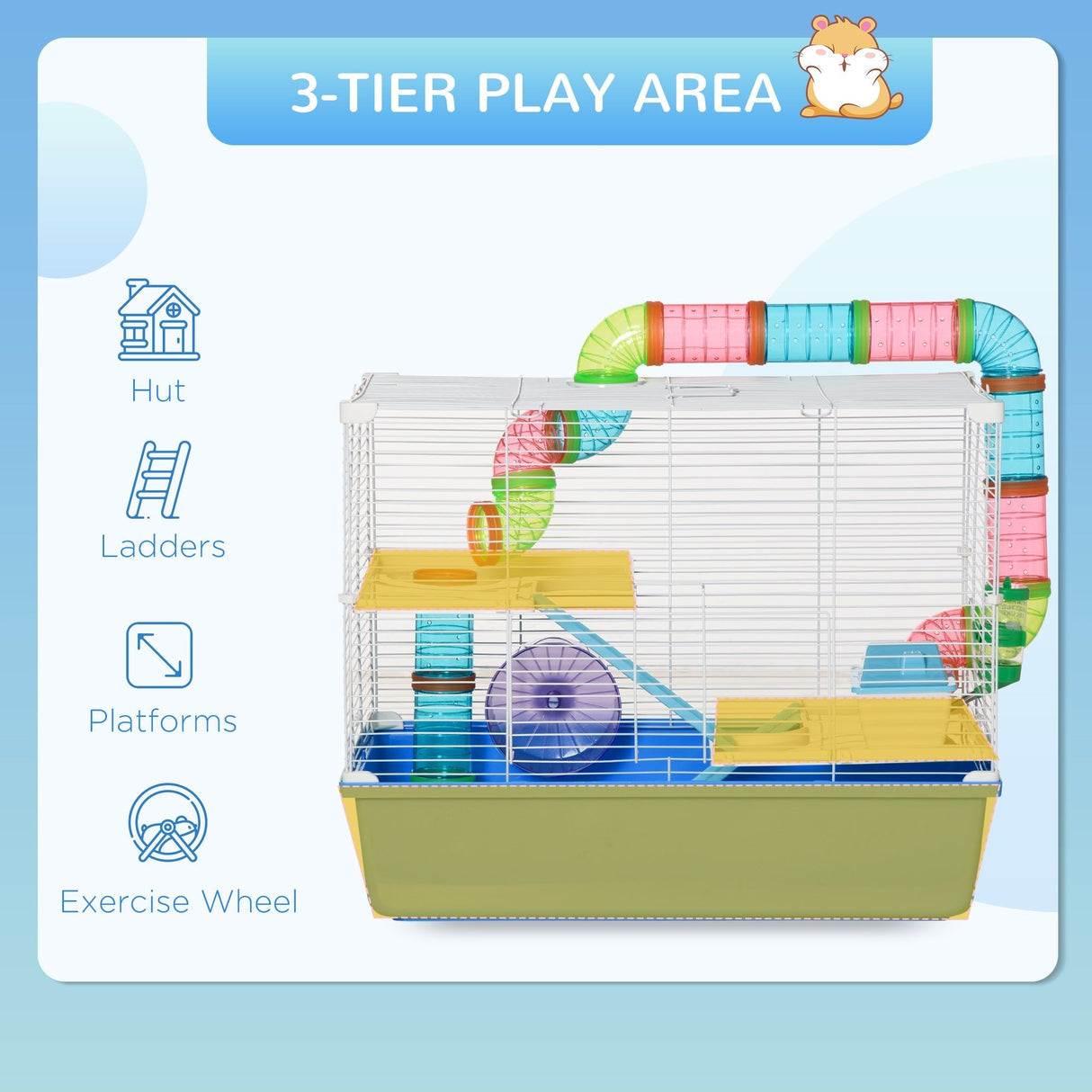 3-Level Hamster & Gerbil Cage with Exercise Accessories, PawHut,
