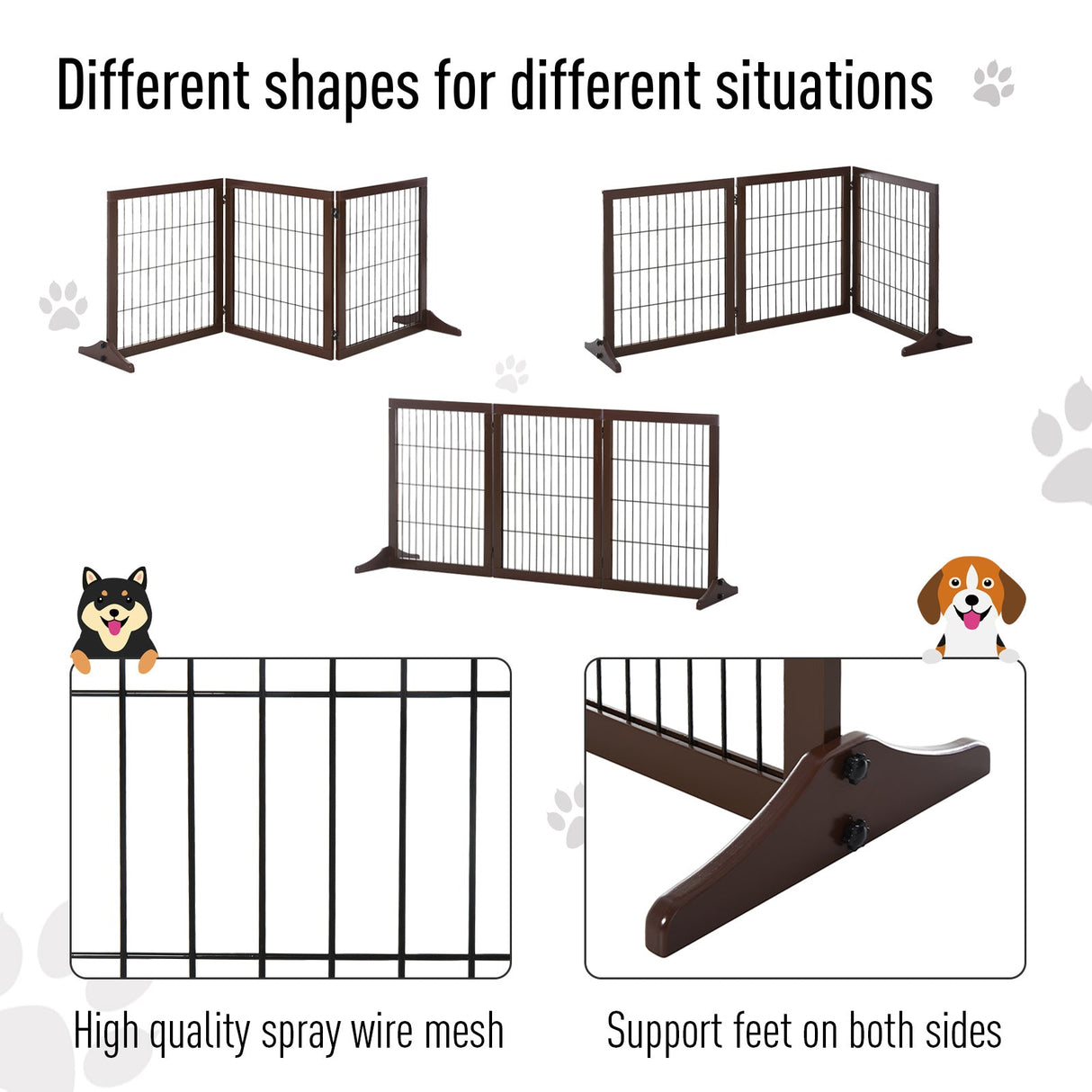 3 Panel Pet Gate Pine Frame Indoor Foldable Dog Barrier w/Supporting Foot Dividing Line Aisles Stairs, PawHut,
