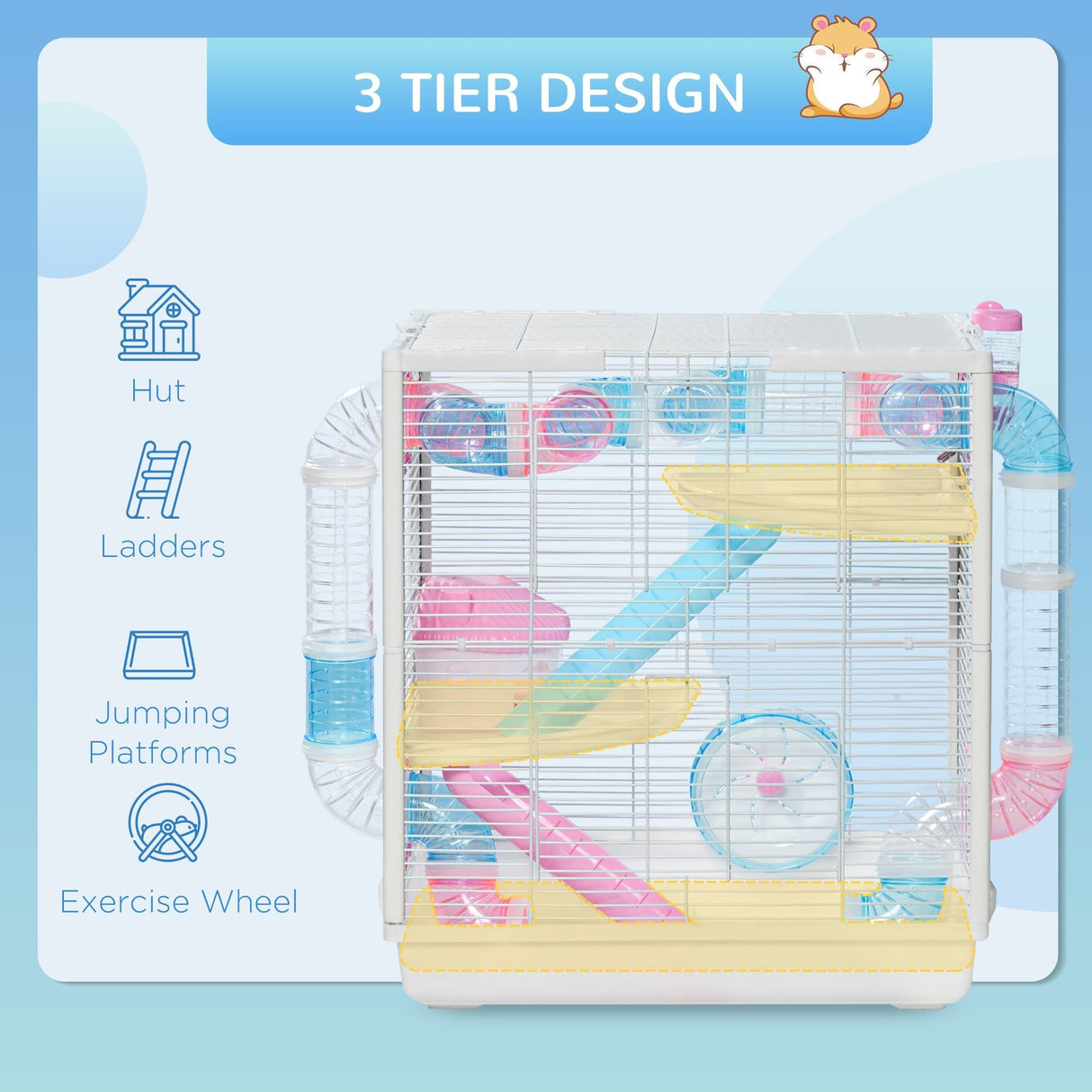 3-Tier Hamster Cage with Tunnel, Wheel, and Ramps, PawHut,