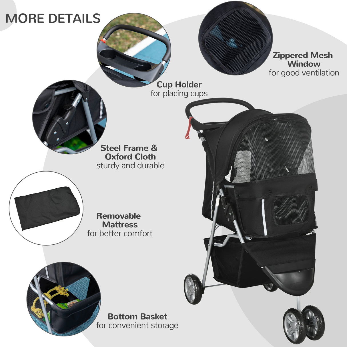 3-Wheel Pet Pram: Compact & Comfortable Pet Stroller For Miniature Dogs, PawHut, Black