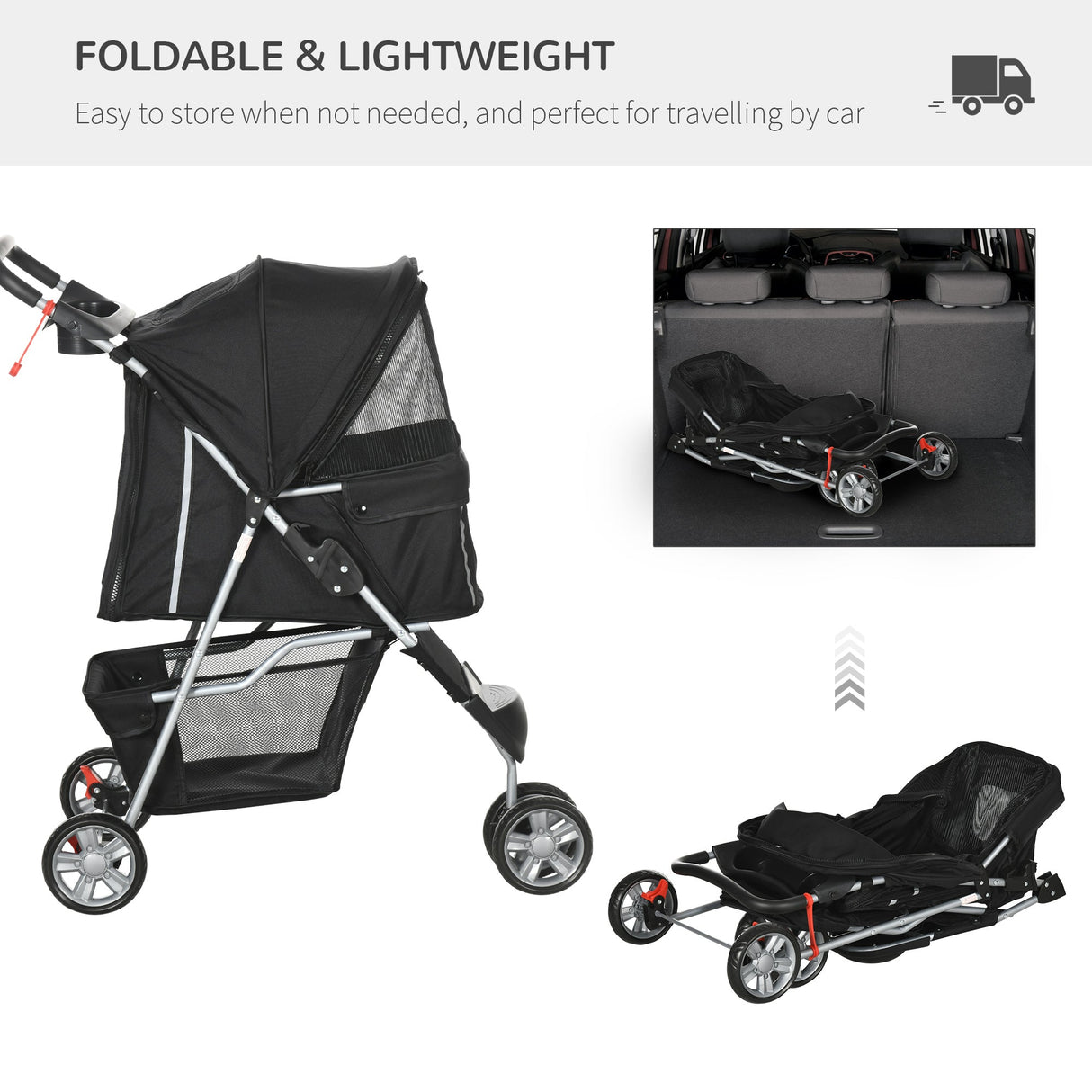 3-Wheel Pet Pram: Compact & Comfortable Pet Stroller For Miniature Dogs, PawHut, Black