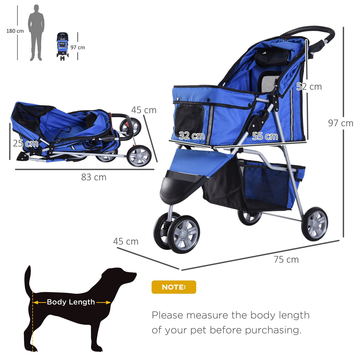 3-Wheel Pet Pram: Compact & Comfortable Pet Stroller For Miniature Dogs, PawHut, Blue