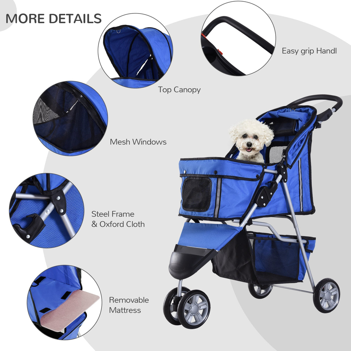 3-Wheel Pet Pram: Compact & Comfortable Pet Stroller For Miniature Dogs, PawHut, Blue