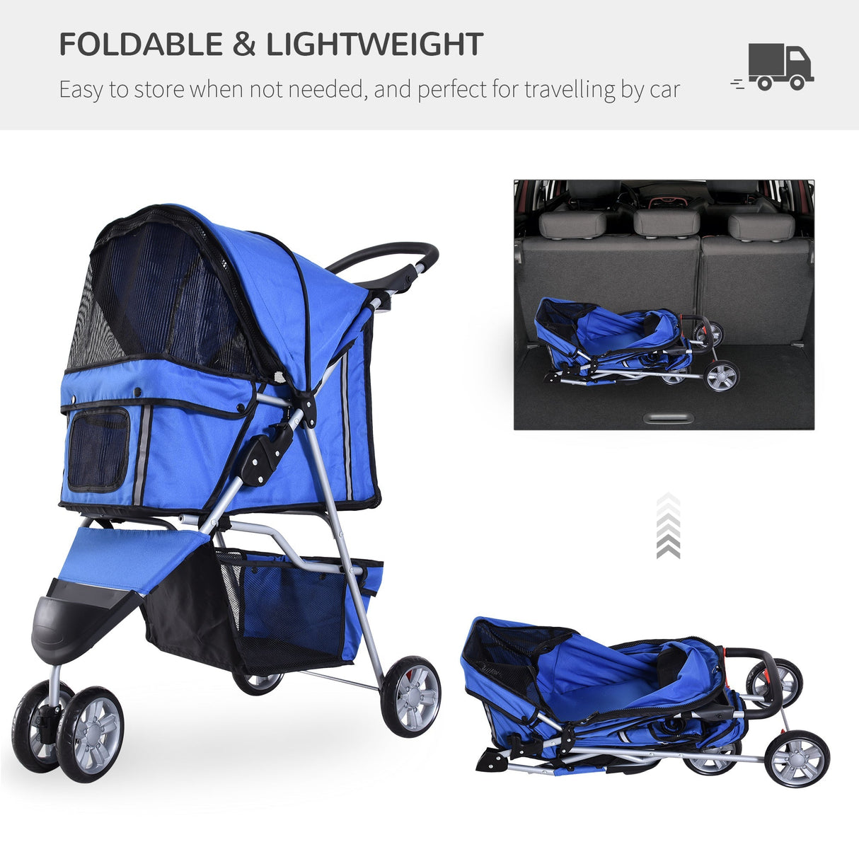 3-Wheel Pet Pram: Compact & Comfortable Pet Stroller For Miniature Dogs, PawHut, Blue