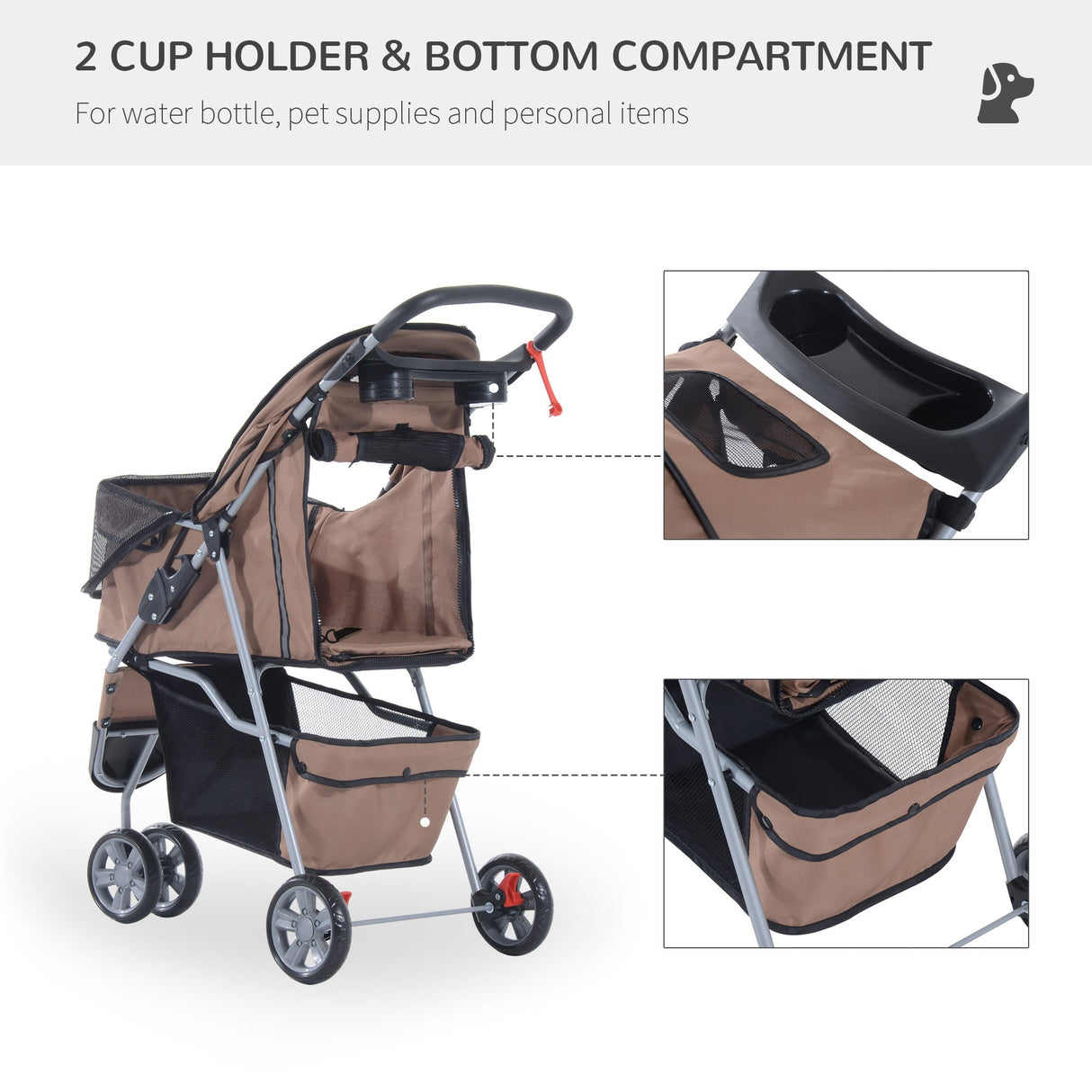 3-Wheel Pet Pram: Compact & Comfortable Pet Stroller For Miniature Dogs, PawHut, Brown