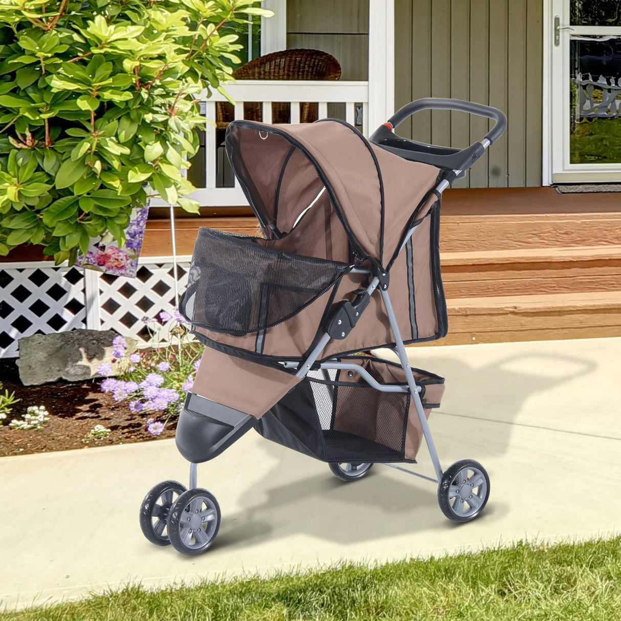 3-Wheel Pet Pram: Compact & Comfortable Pet Stroller For Miniature Dogs, PawHut, Brown