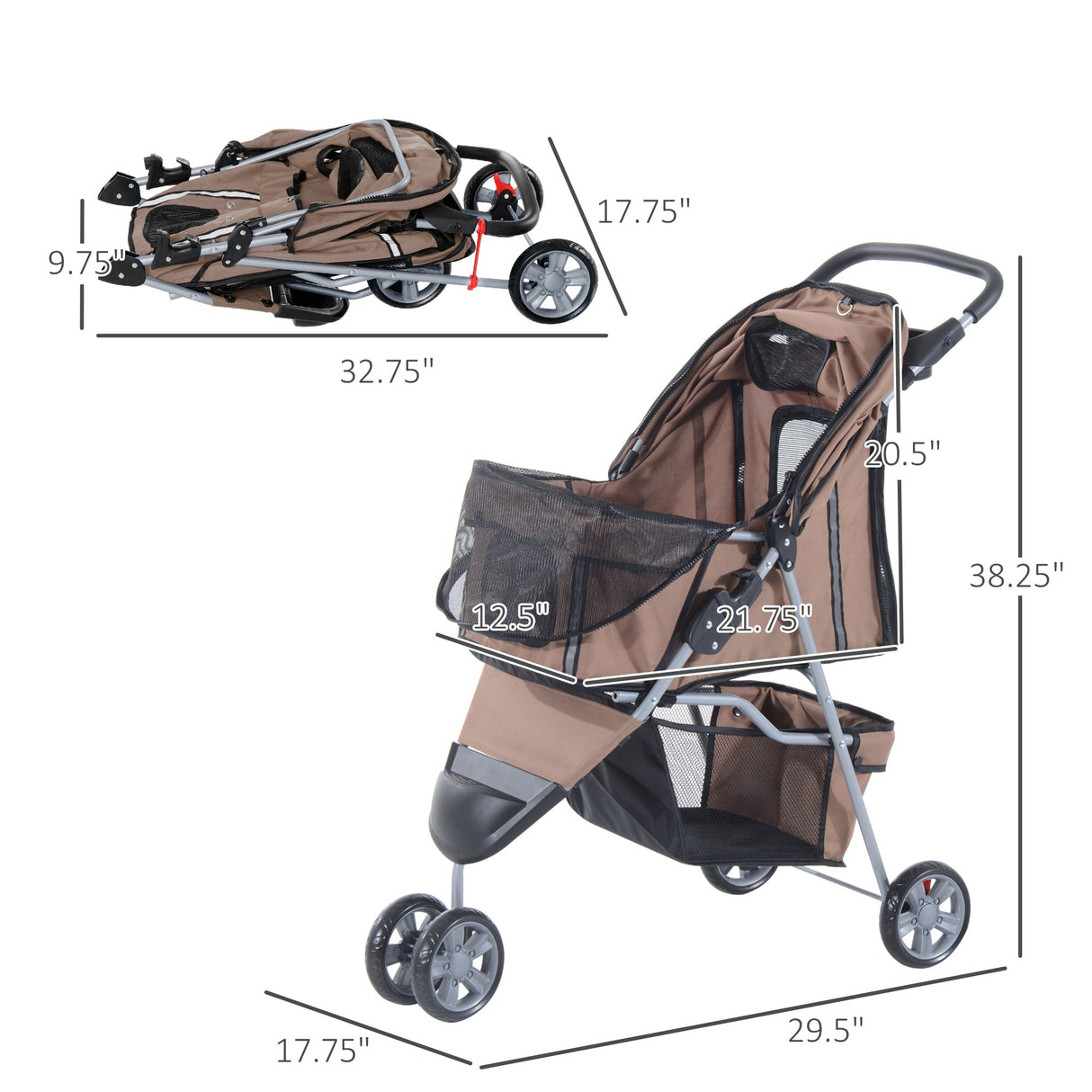 3-Wheel Pet Pram: Compact & Comfortable Pet Stroller For Miniature Dogs, PawHut, Brown