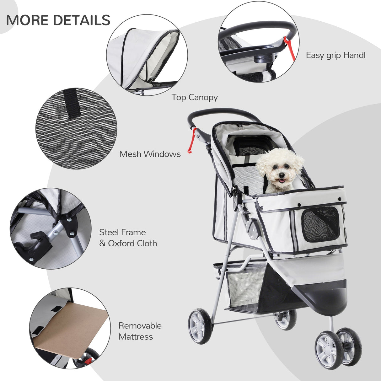 3-Wheel Pet Pram: Compact & Comfortable Pet Stroller For Miniature Dogs, PawHut, Grey