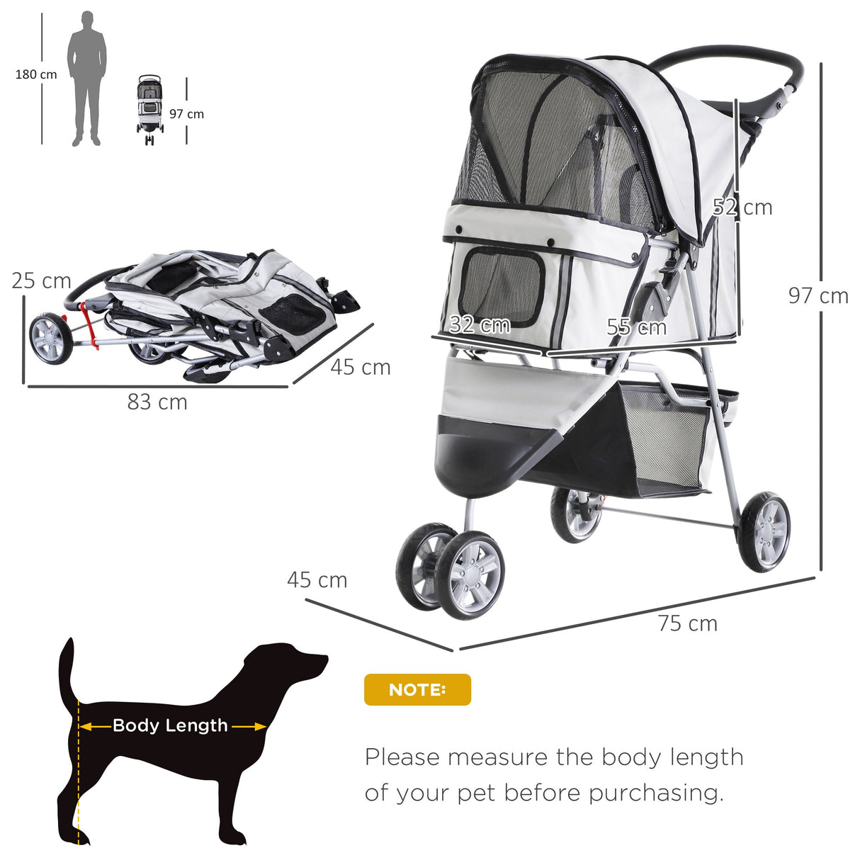 3-Wheel Pet Pram: Compact & Comfortable Pet Stroller For Miniature Dogs, PawHut, Grey