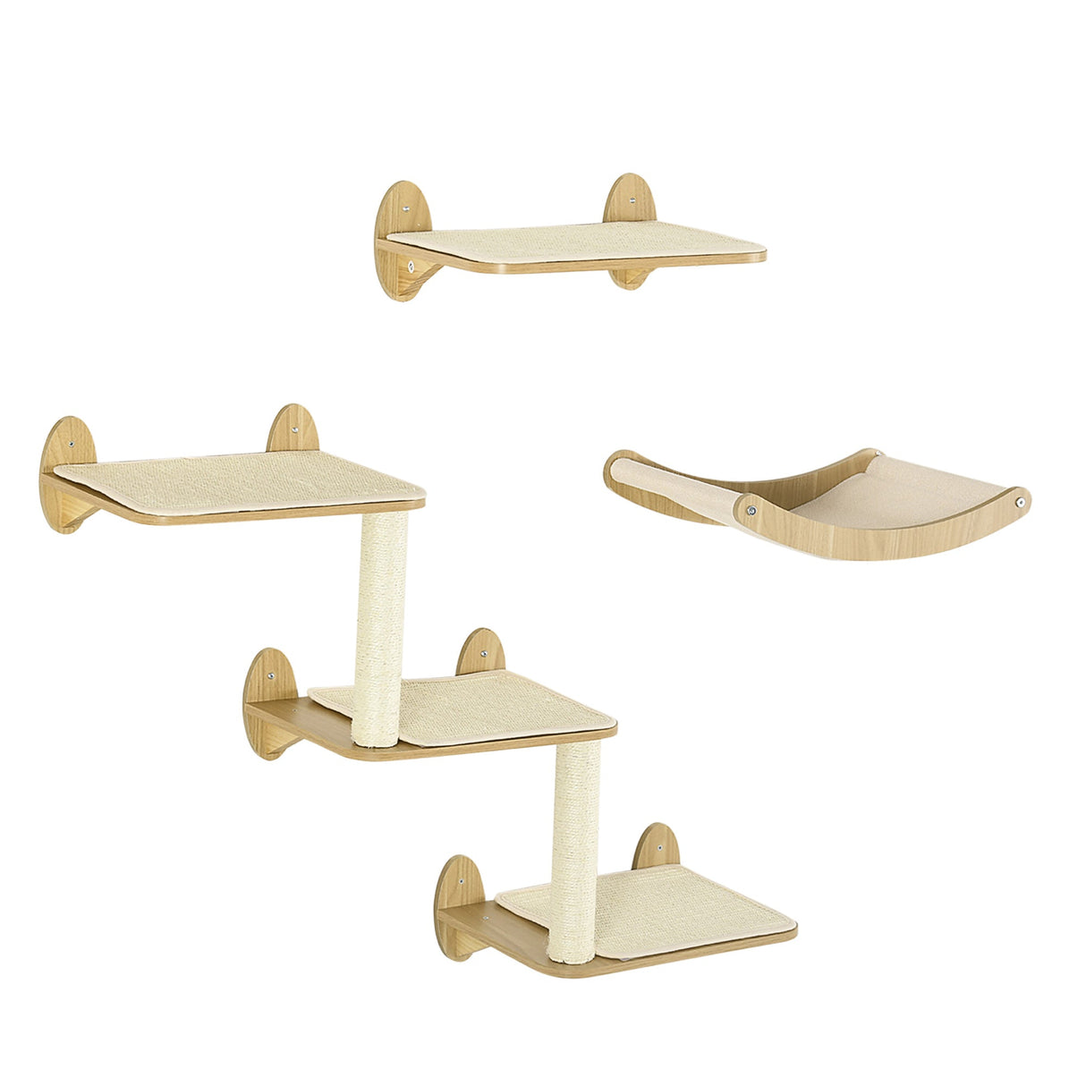 3PCs Wall Mounted Cats Shelves, Cat Climbing Shelf Set, Kitten Activity Center with Jumping Platforms Hammock Scratching Post, Oak, PawHut,
