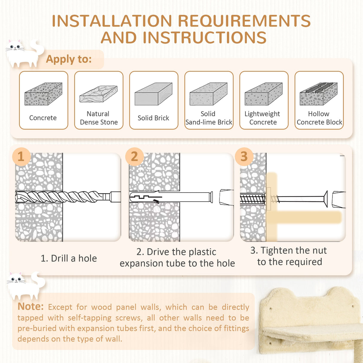 4 Piece Cat Shelf with Scratching Post, Wall-Mounted Cat Tree for Indoor Cat, PawHut, Beige