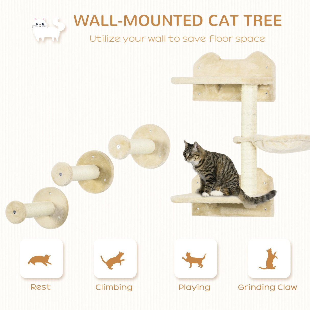 4 Piece Cat Shelf with Scratching Post, Wall-Mounted Cat Tree for Indoor Cat, PawHut, Beige