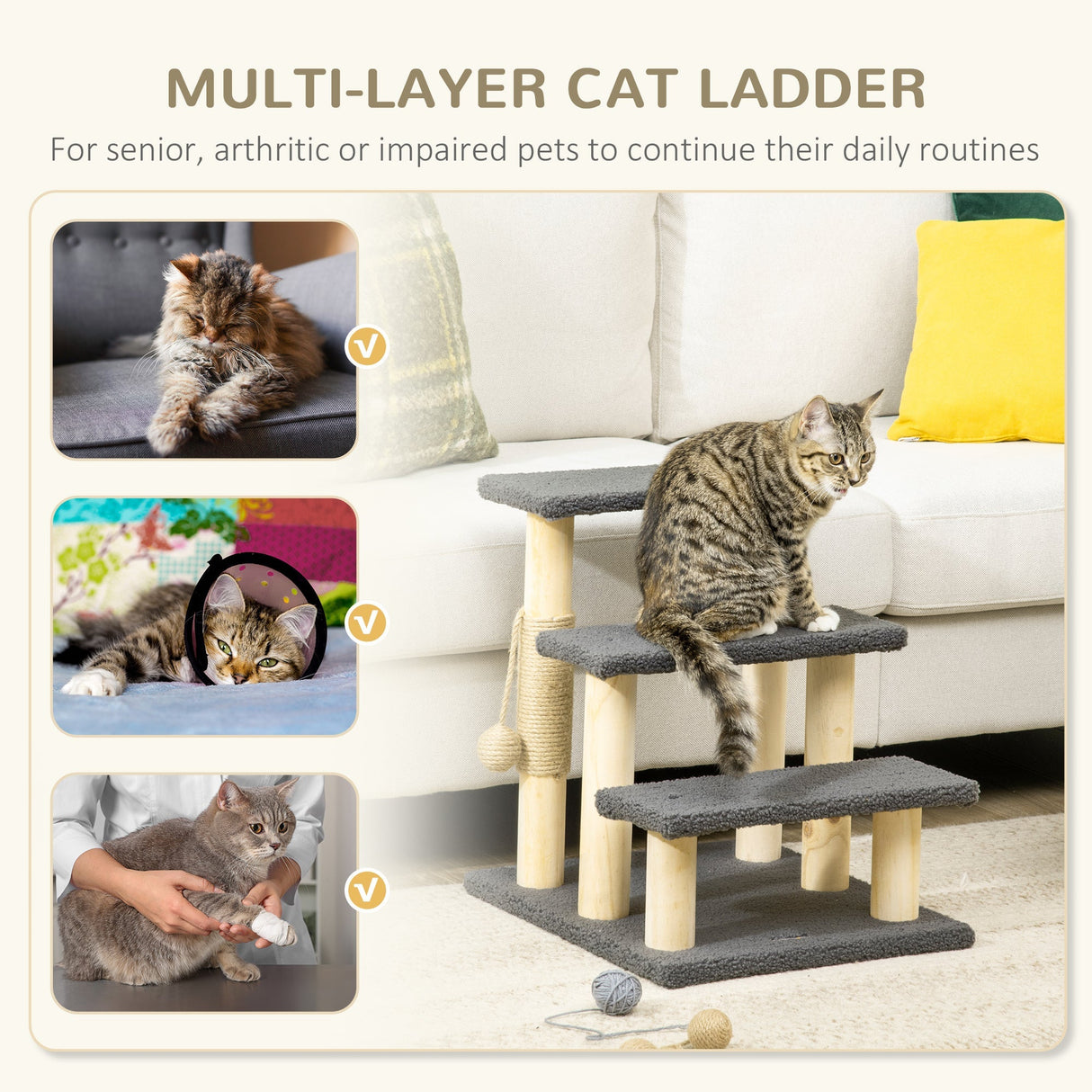 48cm Cat Tree, 3-Step Ladder, Cat Climbing Toy, Cat Tower with Ball Toy Jute Scratching Post, PawHut, Green