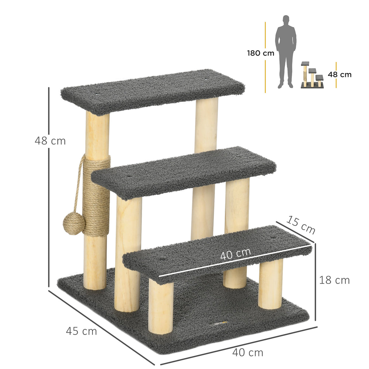 48cm Cat Tree, 3-Step Ladder, Cat Climbing Toy, Cat Tower with Ball Toy Jute Scratching Post, PawHut, Green