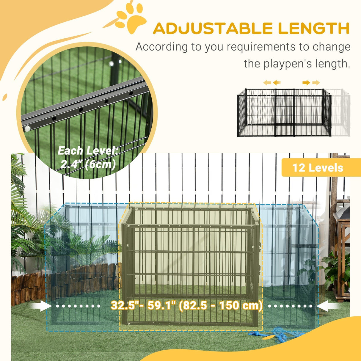 61H cm Heavy Duty Pet Playpen, 6 Panel Exercise Pen for Dogs, Adjustable Length, Indoor Outdoor, Small Sized Dogs, PawHut,