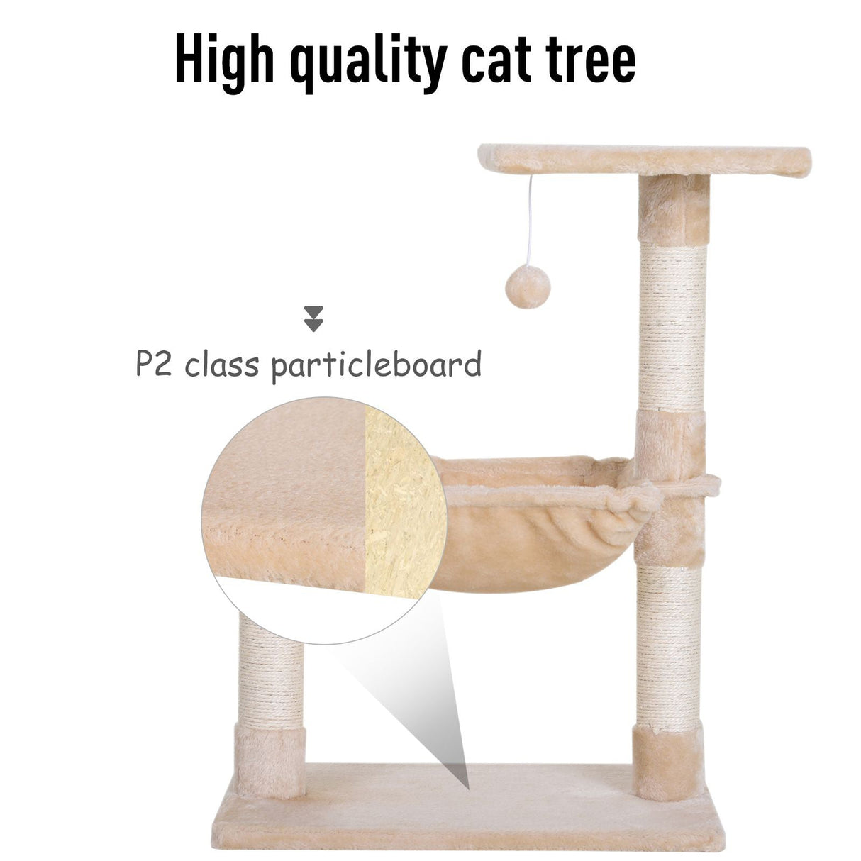 70cm Cat Tree for Indoor Cats Durable Natural Sisal Scratching Posts Hammock Bed Kitty Activity Center, PawHut, Beige