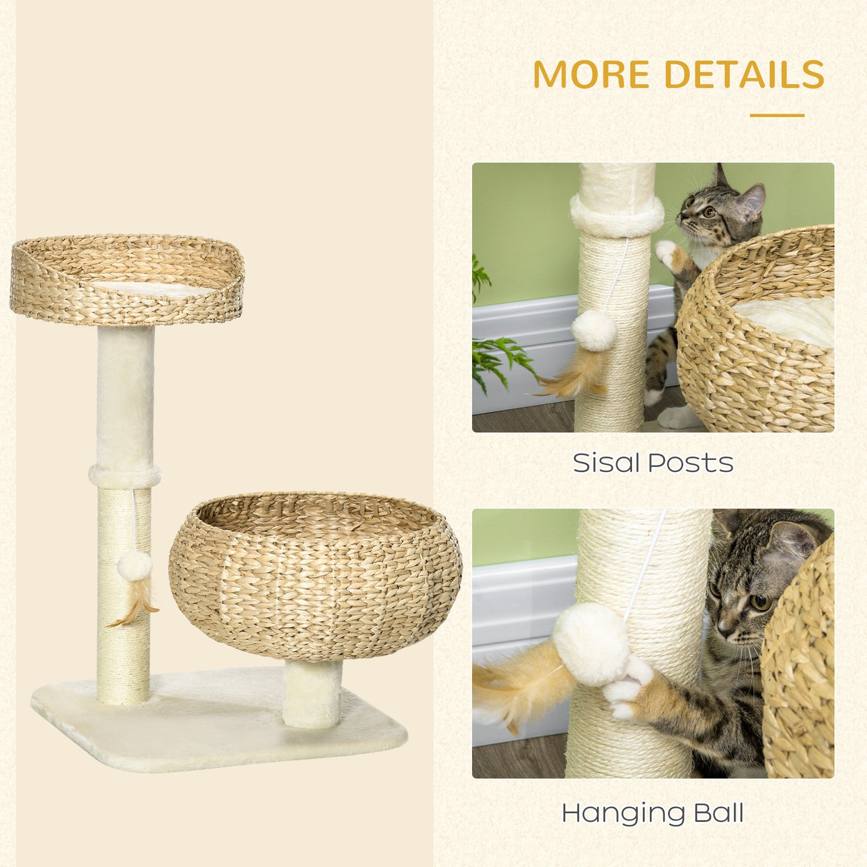 72cm Cat Tree Kitten Tower, with Sisal Scratching Post, Two Beds, Toy Ball, PawHut,