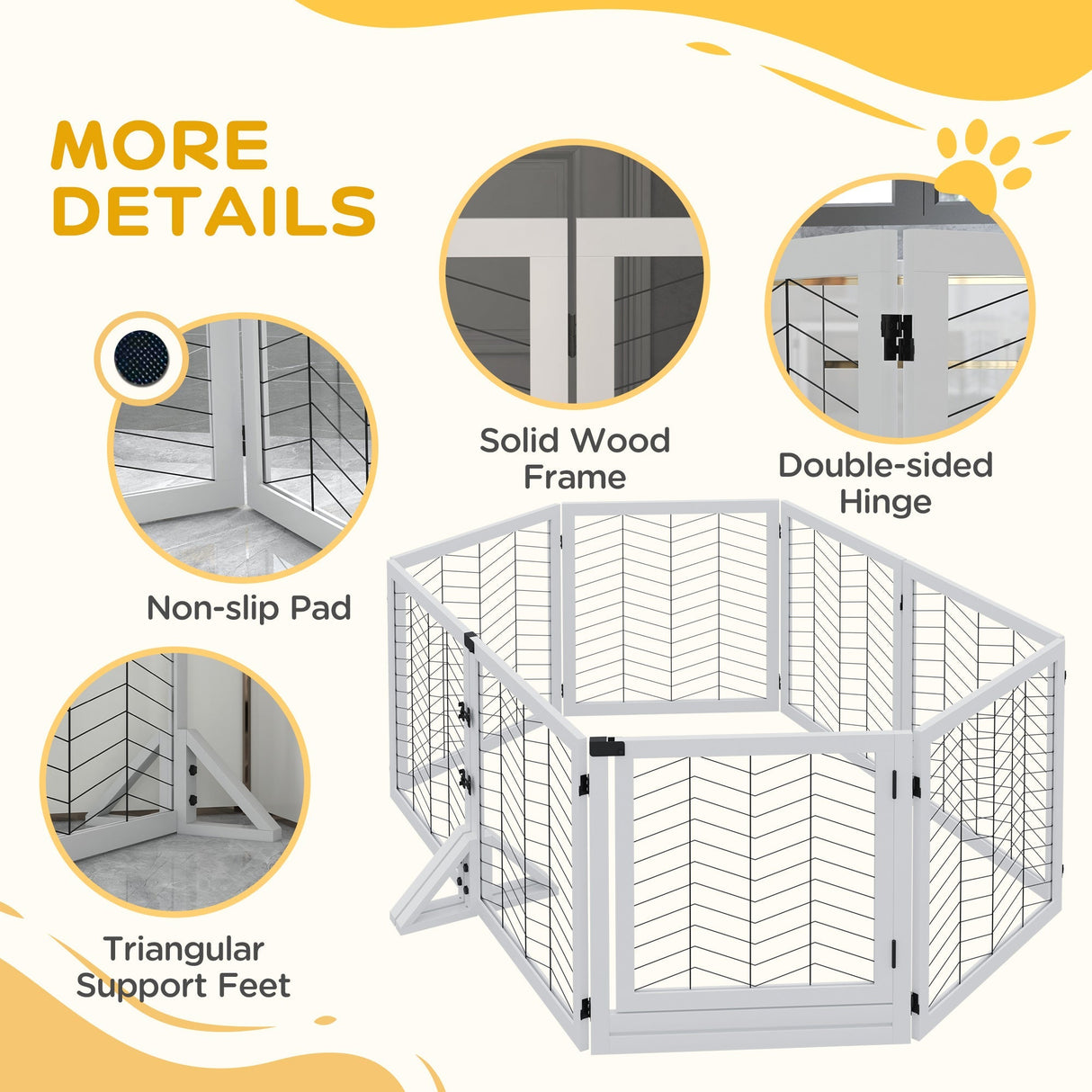8 Panel Foldable Pet Gate or Playpen with Support Feet - Small and Medium Dogs, PawHut, White