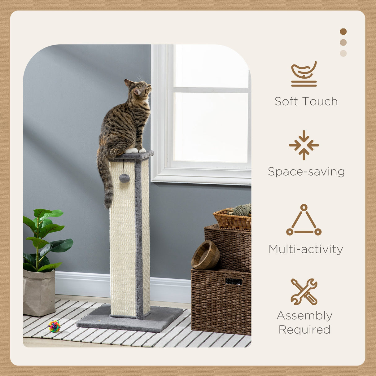 81cm Cat Scratcher, Vertical Full Scratcher with Natural Sisal Rope, Hanging Ball and Soft Plush, Grey, PawHut,