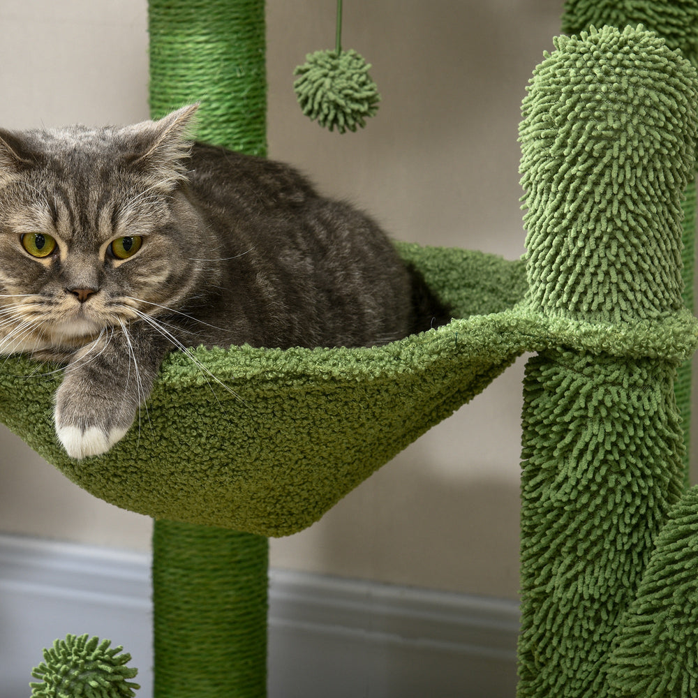 82cm Chenille Cactus Cat Tree with Scratching Post, Hammock, Green, PawHut,