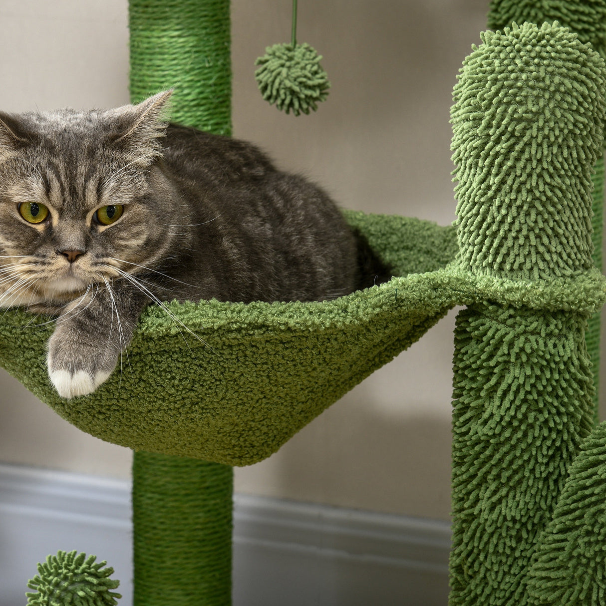 82cm Chenille Cactus Cat Tree with Scratching Post, Hammock, Green, PawHut,