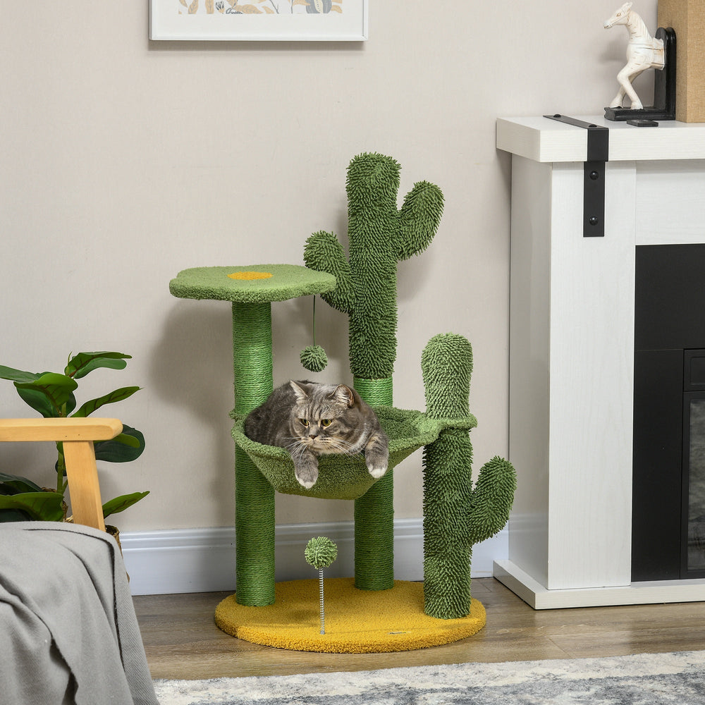 82cm Chenille Cactus Cat Tree with Scratching Post, Hammock, Green, PawHut,