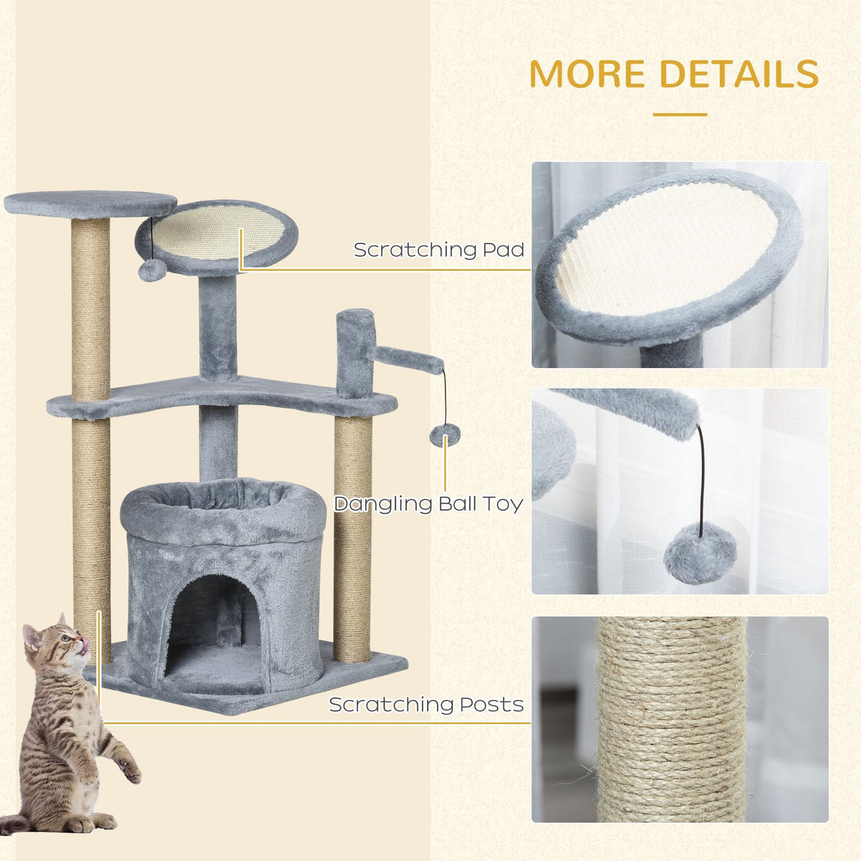 87 cm Cat Tree for Indoor Cats, Kitten Tree Tower with Scratching Posts Pad, Cat Condo, Plush Perches, Hanging Ball - Grey, PawHut,