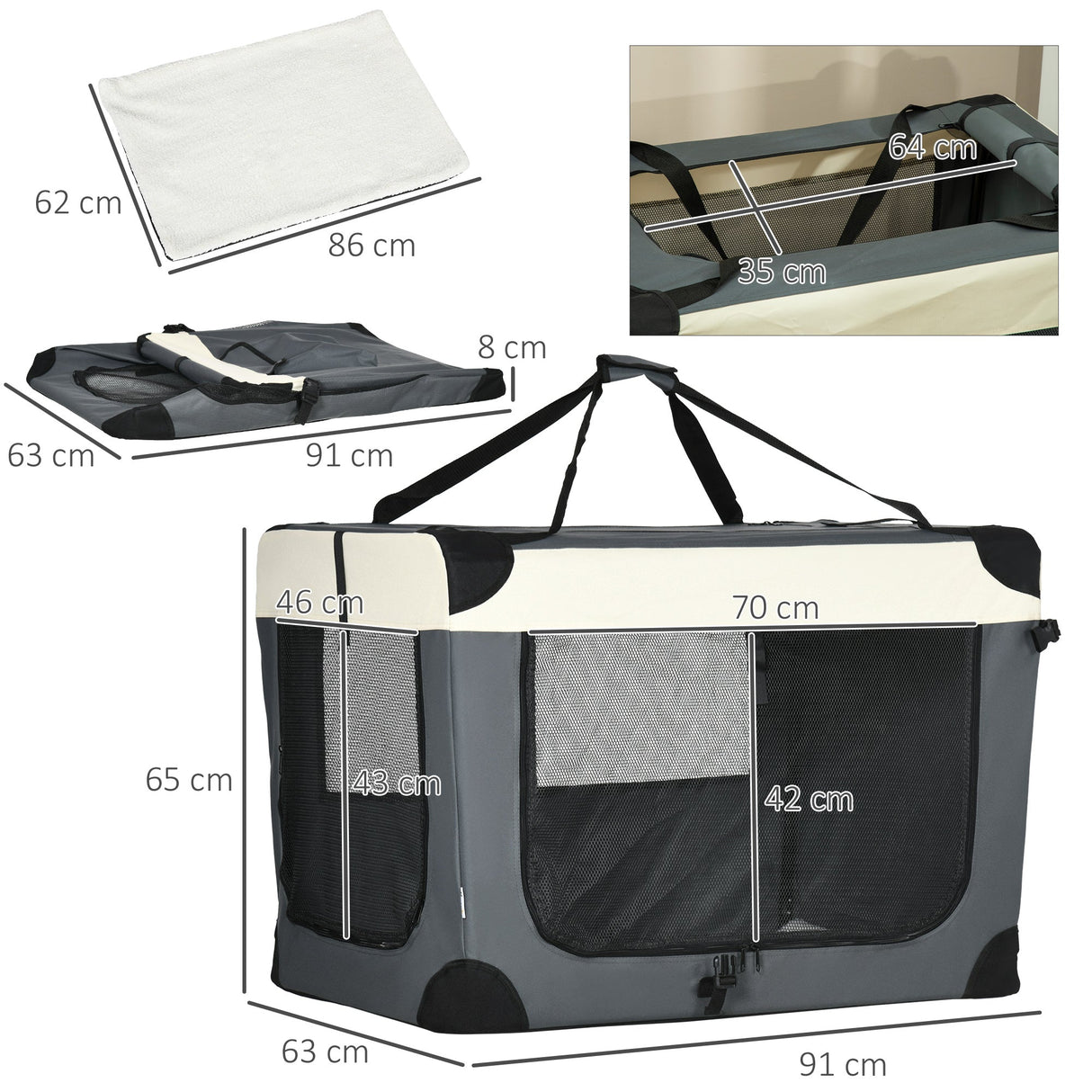 91cm Foldable Pet Carrier, with Cushion, for Medium Dogs and Cats, PawHut, Grey