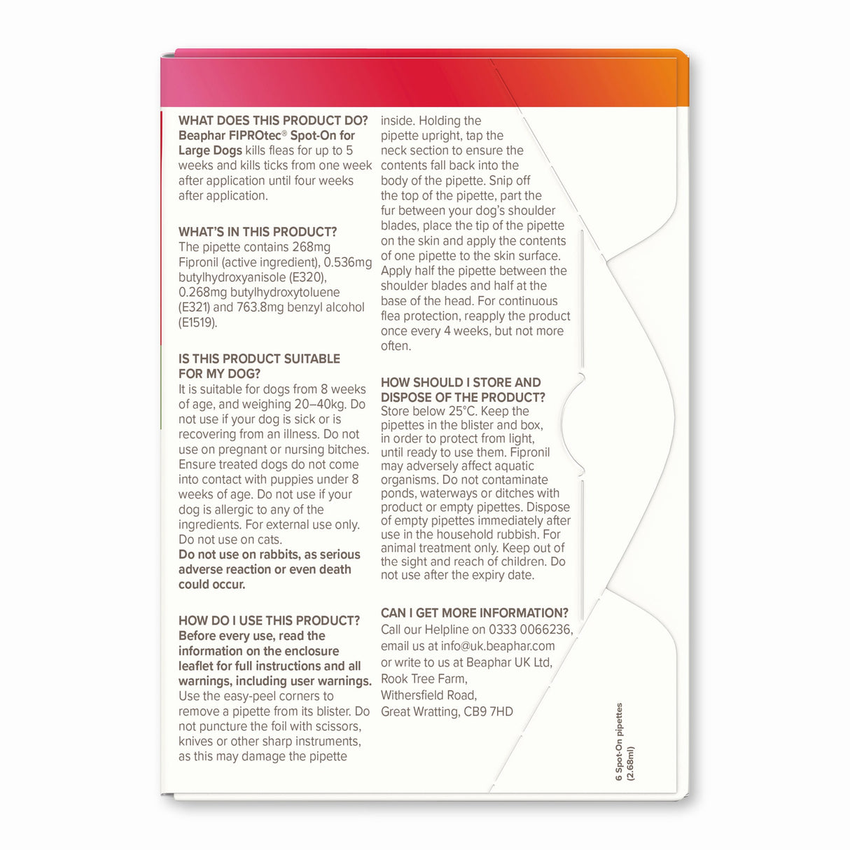 Beaphar FIPROtec Flea & Tick Spot On for Large Dogs, Beaphar, 6 pipettes x 6