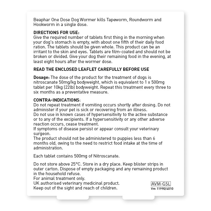 Beaphar One Dose Worming Tablets for Large Dogs (x6), Beaphar,