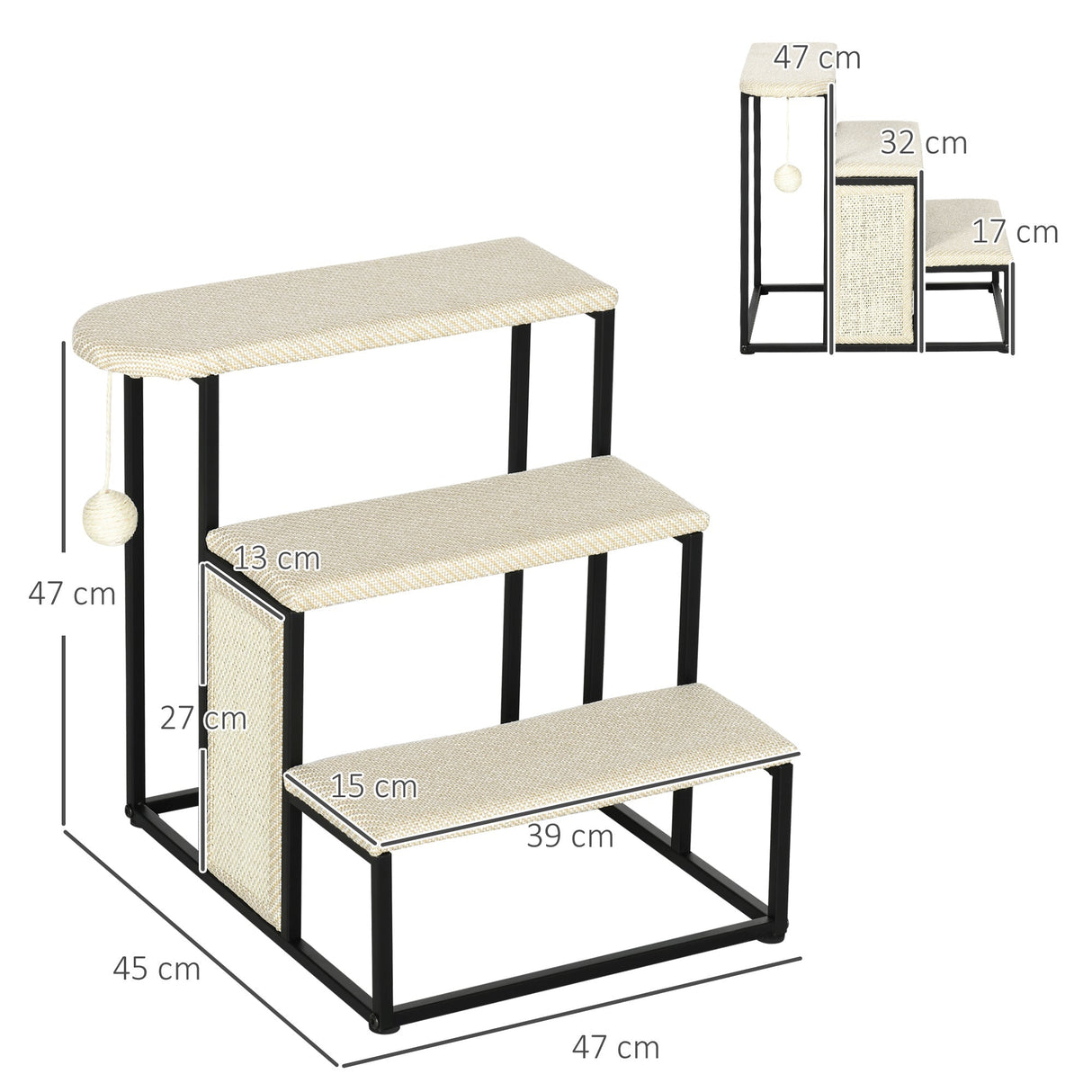 Cat Stairs, 3 Steps for Sofa, Pet Steps with Sisal Scratching Board and Hanging Ball, Steel Frame, 47 x 45 x 47 cm,, PawHut,