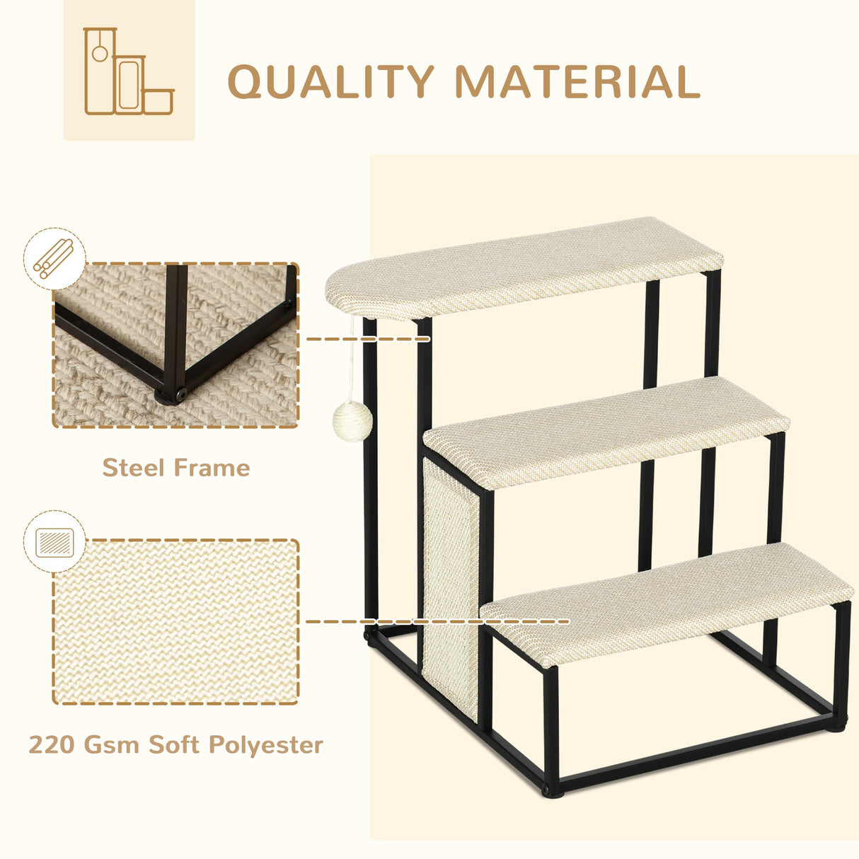 Cat Stairs, 3 Steps for Sofa, Pet Steps with Sisal Scratching Board and Hanging Ball, Steel Frame, 47 x 45 x 47 cm,, PawHut,